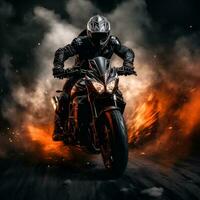 gata motorcykel tävlings med damm och explosioner, generativ ai foto