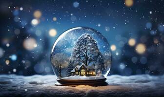 snöfall hus och träd inuti glas boll, ai generativ foto