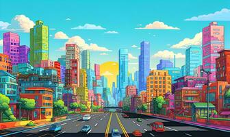 pixel konst av färgrik stad byggnad, ai generativ foto