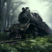 övergiven ånga tåg i de skog, ai generativ foto