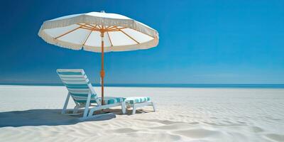 de strand schäs vardagsrum och paraply på sand .generativ ai foto