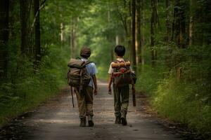 två vänner på en skog väg med ryggsäckar ,generativ ai foto