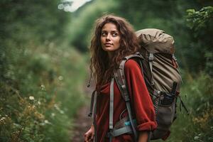 ung kvinna vandring och gående camping i natur .generativ ai . foto