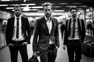 modell stilig män i de flygplats ,svart och vit consetp ,generativ ai foto
