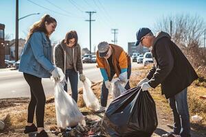 grupp vänner dropp de flaska separerande avfall plast flaskor in i återvinning soptunnor är till skydda de miljö ,generativ ai foto