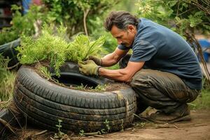 en man återanvändning ett gammal däck in i en trädgård plantering, demonstrera de kreativ potential av upcycling kasseras material.generativ ai foto
