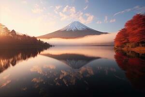 berg fuji med morgon- dimma och röd löv på sjö Kawaguchiko är ett av de bäst platser i japan ,generativ ai foto