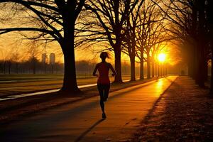 kvinna löpare joggning på parkera , solnedgång ,generativ ai. foto