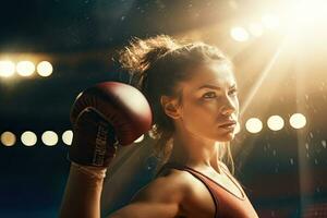 boxning ung kvinna i verkan på de stadion ,generativ ai. foto