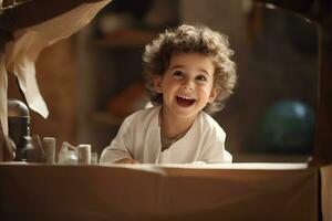 Lycklig barn spelar läkare på inomhus- , generativ ai. foto