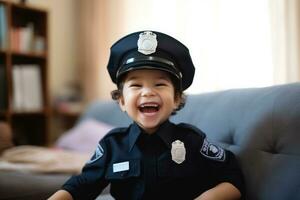 Lycklig barn spelar polis officer på inomhus- ,generativ ai. foto