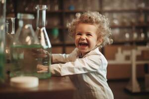 Lycklig barn spelar forskare på inomhus- ,generativ ai. foto