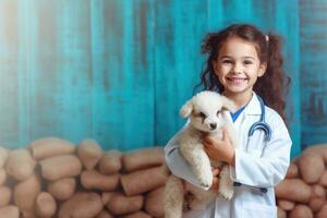 Lycklig barn spelar veterinär på inomhus- ,generativ ai. foto
