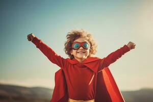 Lycklig barn spelar superhjälte på utomhus ,generativ ai. foto