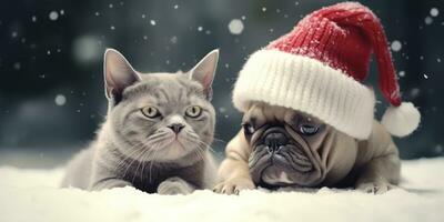 söt katt och hund med en jultomten hatt i de snö bakgrund med Plats för copyspace, generativ ai. foto