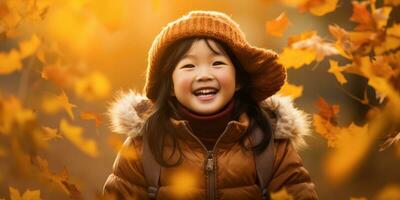 Lycklig Asien ung flicka spelar i de falla löv med Plats för copy för text ,generativ ai. foto