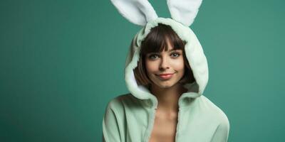 skön ung kvinna i en kanin kostym på en grön bakgrund med Plats för copy ,generativ ai. foto