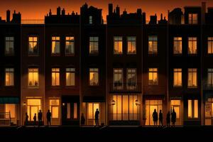 lägenheter med silhuetter av människor i de fönster på natt. ,generativ ai foto