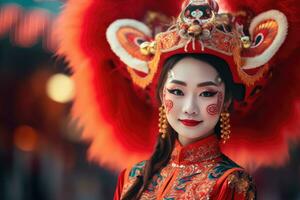 Asien kvinna på festival bär traditionell kinesisk i kinesisk ny år festival , kopia Plats ,generativ ai foto