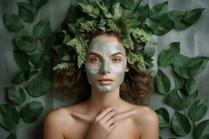stänga upp ansikte skön kvinna i mask på ansikte i spa skönhet salong , bakgrund skog vägg ,generativ ai. foto