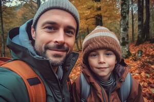 pappa och son vandring i de bergen den höst, generativ ai foto