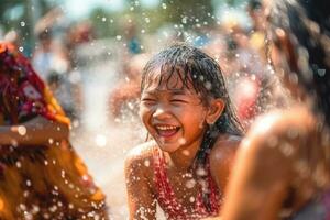 en barn flicka skön är på semester songkran vatten festival thailand, generativ ai foto