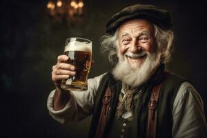 senior man innehav öl, oktoberfest bakgrund, generativ ai foto