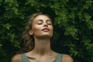stänga upp ansikte kvinna med ögon stängd på bakgrund av grön löv vägg., avslappnad och självsäker, generativ ai. foto