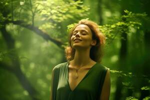 stänga upp ansikte kvinna med ögon stängd på bakgrund av grön löv vägg., avslappnad och självsäker, generativ ai. foto