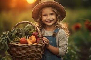 organisk jordbrukare unge innehav nyligen plockade grönsaker på henne gård, generativ ai. foto