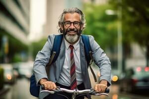 senior man gå till arbete på kontor ta cykel på gata runt om byggnad på en stad gata ,generativ ai. foto