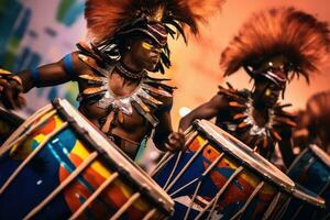 karneval musik spelade på trummor förbi colorfully klädd musiker ,generativ ai foto