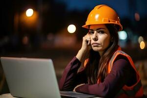 en ingenjör kvinna betonade , olycklig ledsen , bakgrund på arbetssätt webbplats , generativ ai. foto