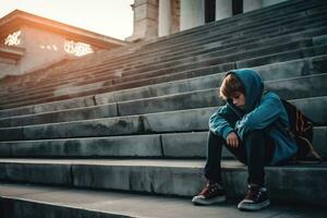 en pojke Sammanträde ensam på trappa. påfrestning och mental problem i barndom ,generativ ai. foto