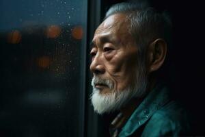 senior Asien man ledsen och deprimerad ser ut av de fönster med regndroppar på de glas fönster på en regnig dag ,generativ ai. foto