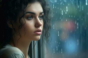 en ung kvinna ledsen av sitta på de kant de fönster med regndroppar på de glas fönster på en regnig dag ,generativ ai. foto