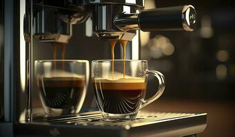 en professionell kaffe maskin framställning ett espresso kaffe i en glas kopp, ai generativ foto