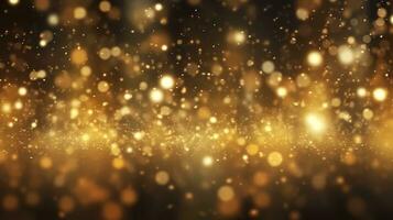 abstrakt lyx guld bakgrund med guld partiklar. glitter årgång lampor bakgrund. jul gyllene ljus glans partiklar bokeh på mörk bakgrund. guld folie textur. Semester. ai generativ foto