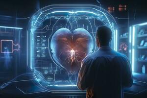en gui hologram av en trogen mänsklig hjärta, holografiska sci-fi gränssnitt, data rader, vågar, och diagram, filmisk, ai generativ foto