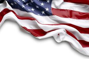 närbild ruggig amerikan flagga isolerat. fast vit bakgrund. ai generativ foto