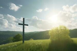 de korsa av Gud med grön blad, i de strålar av de Sol och blå himmel. korsa på de kulle med grön träd och graeen naturlig se. religiös begrepp, ai generativ foto