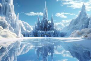 en snöig sagoland, en 3d tolkning av elsa slott i en blå snöig berg bakgrund. ai generativ foto