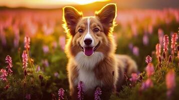 charmig corgi hund med blommor i de vår. generativ ai foto