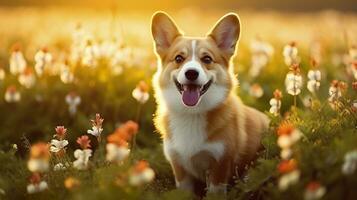 charmig corgi hund med blommor i de vår. generativ ai foto