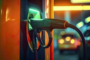 stänga upp Foto av ett elektrisk bil laddning på en gas station. generativ ai
