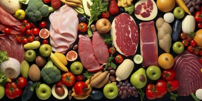 annorlunda typer av kött, grönsaker, och frukt lägga i stormarknader. generativ ai foto