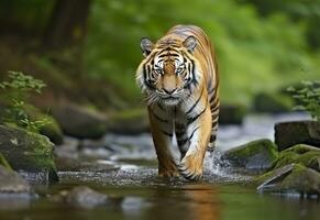 amur tiger gående i de vatten. farlig djur. djur- i en grön skog ström. generativ ai foto