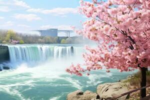 niagara falls med rosa körsbär blommar i vår, Ontario, Kanada, skön vår visningar av niagara faller, ai genererad foto