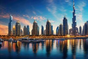 dubai marina på solnedgång i dubai, uae. dubai var de snabbast utvecklande stad i de värld mellan 2002 och 2008. skön dubai stadens centrum på de solnedgång, dubai, förenade arab emirater, ai genererad foto