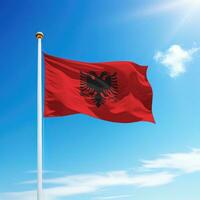 vinka flagga av albania på flaggstång med himmel bakgrund. foto